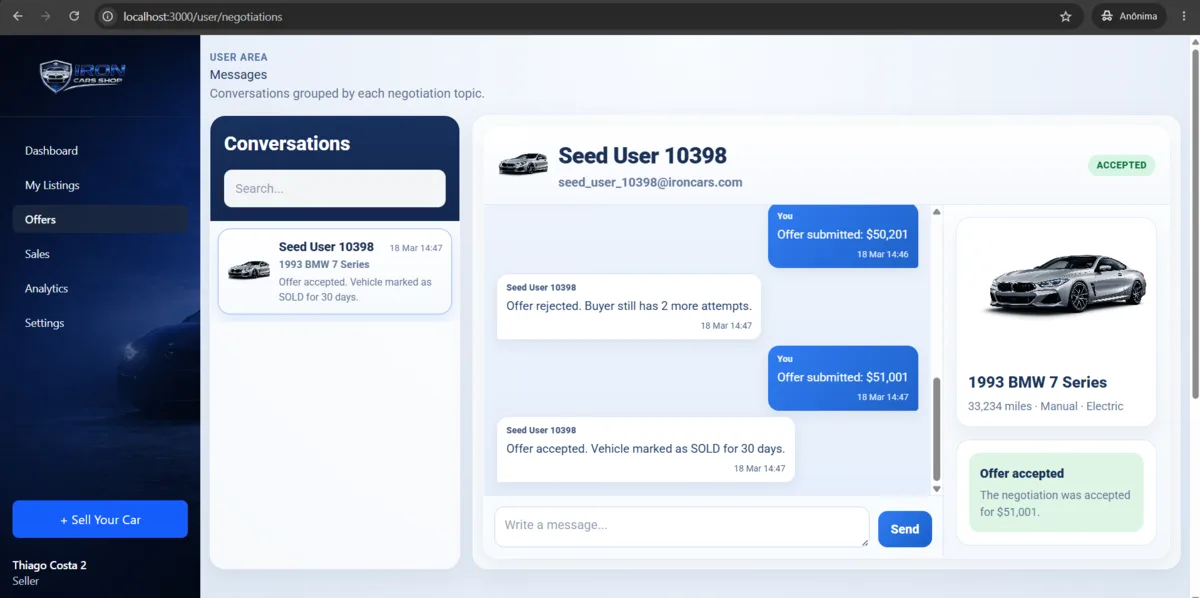 Iron Cars Shop negotiation CRM — buyer and seller chat with offer history